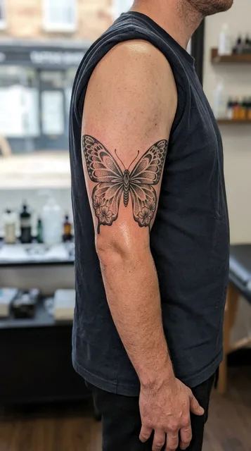 Black and grey dotwork butterfly tattoo on a man's bicep