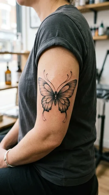 Black and grey dotwork butterfly tattoo on a woman's bicep