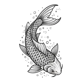 Black and grey dotwork koi fish tattoo design, drawn flat for a bicep tattoo