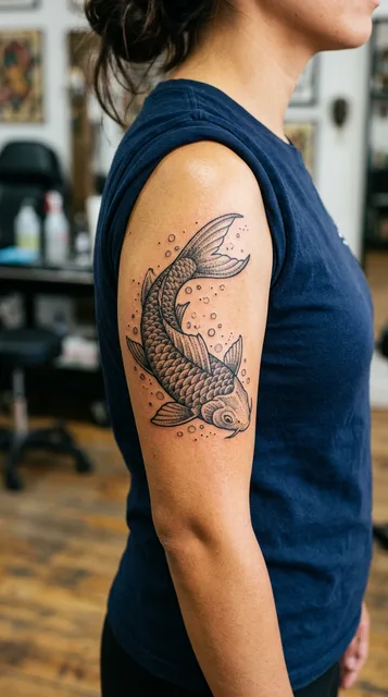 Black and grey dotwork koi fish tattoo on a woman's bicep