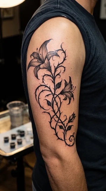Lily tattoo on the bicep