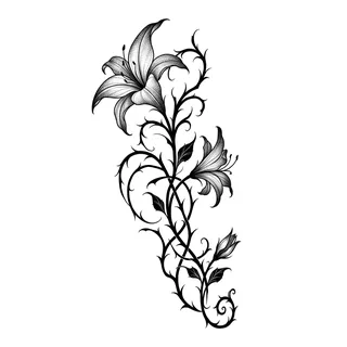 Black and grey dotwork lily tattoo design, drawn flat for a bicep tattoo