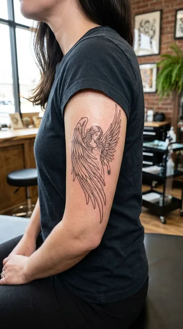 Black and white fine line angel tattoo on a woman's bicep