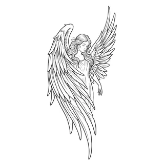 Black and white fine line angel tattoo design, outline stencil for a bicep tattoo