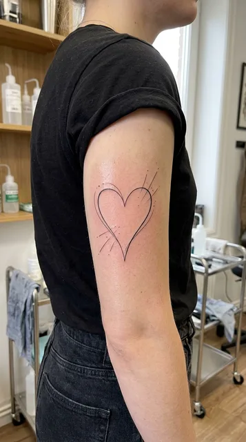 Black and white fine line heart tattoo on a woman's bicep