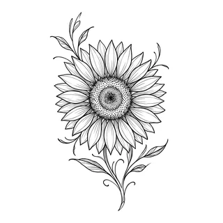 Black and white fine line sunflower tattoo design, outline stencil for a bicep tattoo