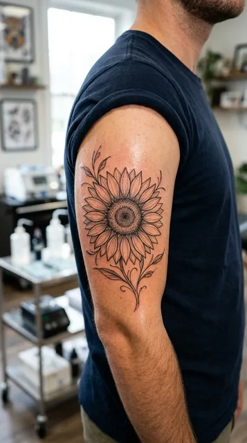 Black and white fine line sunflower tattoo on a man's bicep