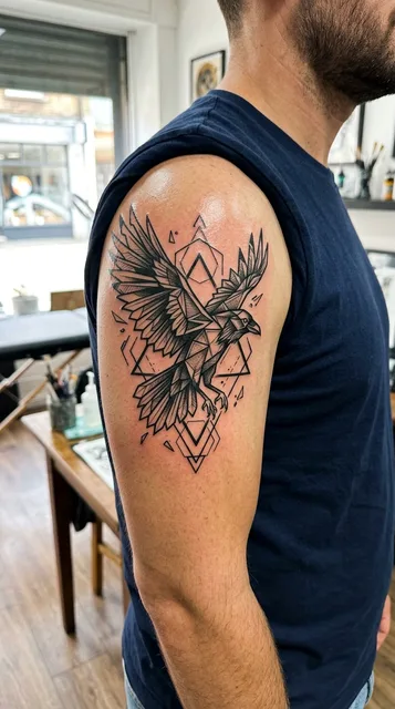 Black and white geometric raven tattoo on a man's bicep