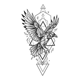 Black and white geometric raven tattoo design, outline stencil for a bicep tattoo