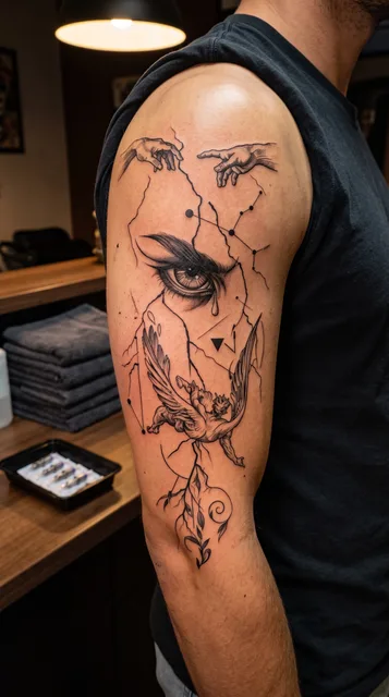 Black and grey illustrative angel eye tattoo on a man's bicep