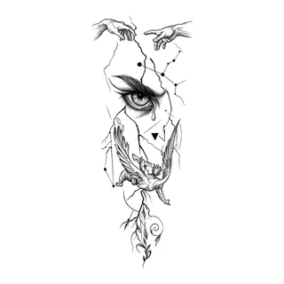 Black and grey illustrative angel eye tattoo design, drawn flat for a bicep tattoo