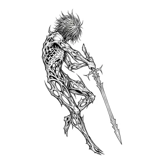 Black and grey illustrative figure tattoo design, drawn flat for a bicep tattoo