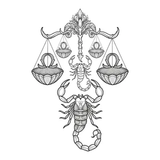 Black and grey illustrative scales scorpion tattoo design, drawn flat for a bicep tattoo
