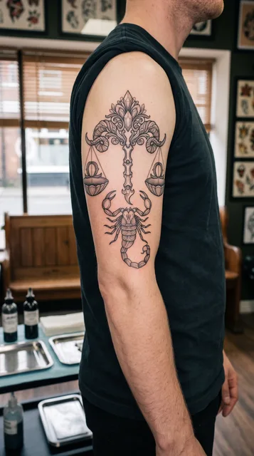 Black and grey illustrative scales scorpion tattoo on a man's bicep