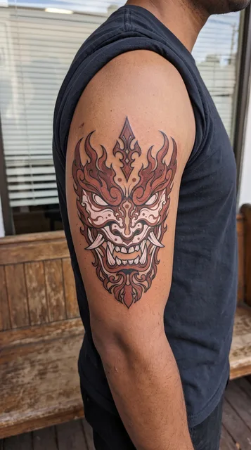 Black and grey Japanese oni mask tattoo on a man's bicep