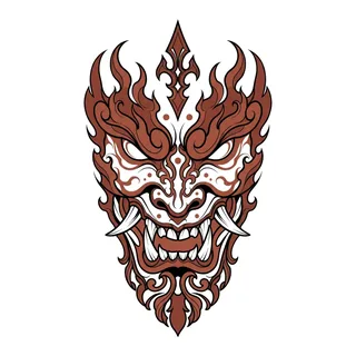 Black and grey Japanese oni mask tattoo design, drawn flat for a bicep tattoo