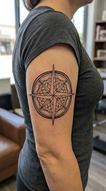 Black and white linework compass tattoo on a woman's bicep