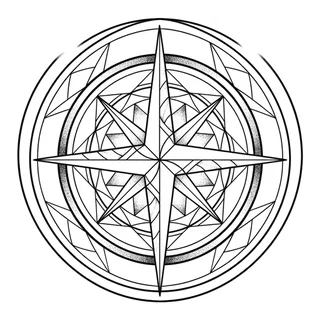 Black and white linework compass tattoo design, outline stencil for a bicep tattoo