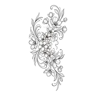 Black and grey ornamental cherry blossom tattoo design, drawn flat for a bicep tattoo