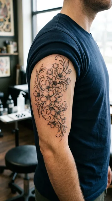 Black and grey ornamental cherry blossom tattoo on a man's bicep