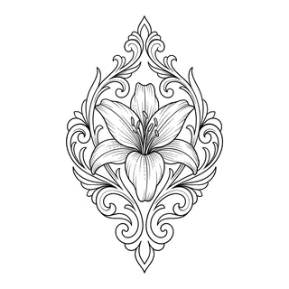 Black and grey ornamental lily tattoo design, drawn flat for a bicep tattoo