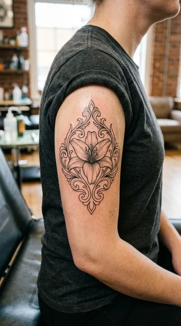 Black and grey ornamental lily tattoo on a woman's bicep