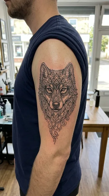 Wolf tattoo on the bicep