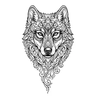 Black and grey ornamental wolf tattoo design, drawn flat for a bicep tattoo
