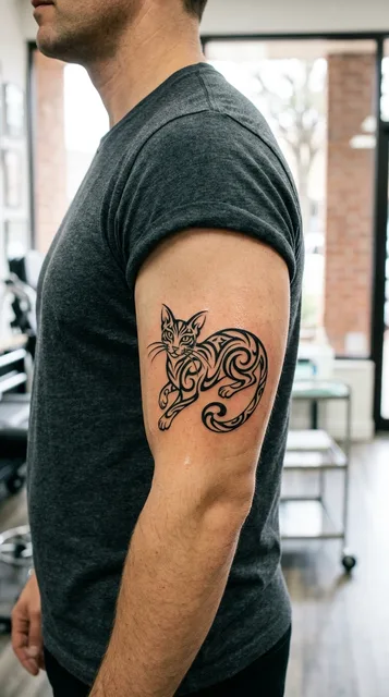 Black and white tribal cat tattoo on a man's bicep