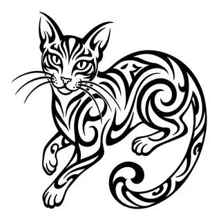 Black and white tribal cat tattoo design, drawn flat for a bicep tattoo