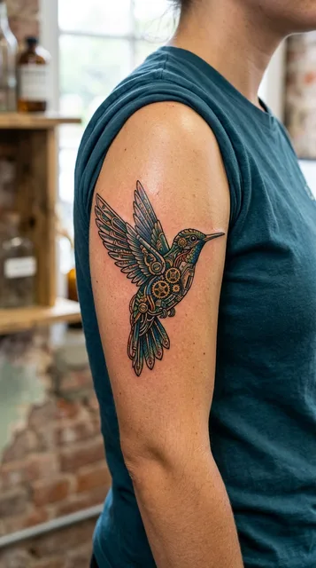 Color biomechanical tattoo on a woman's bicep