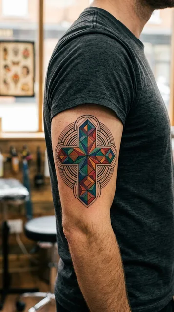 Color geometric cross tattoo on a man's bicep