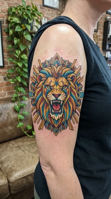 Color geometric lion tattoo on a man's bicep