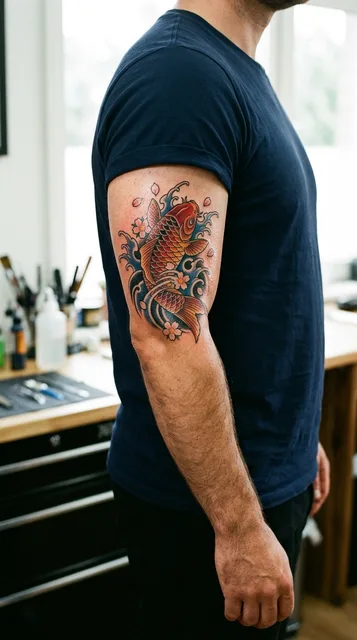 Color Japanese koi fish tattoo on a man's bicep