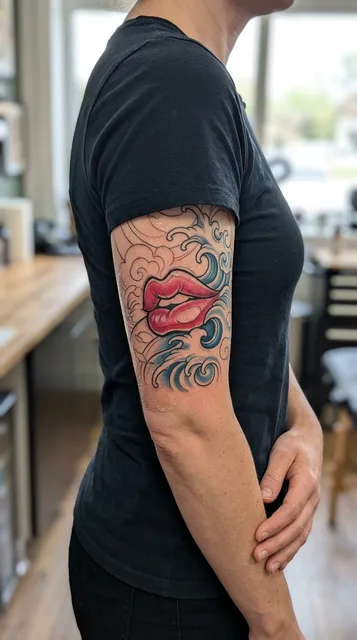 Color Japanese lips tattoo on a man's bicep