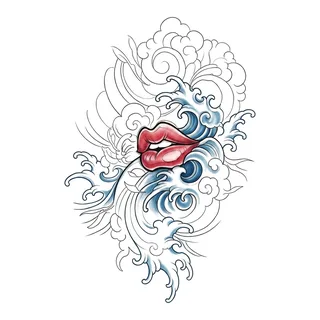 Color Japanese lips tattoo design, drawn flat for a bicep tattoo