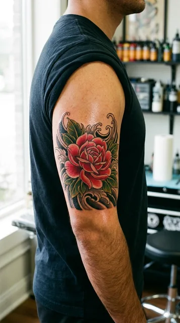 Color Japanese rose tattoo on a man's bicep