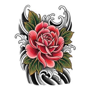Color Japanese rose tattoo design, drawn flat for a bicep tattoo