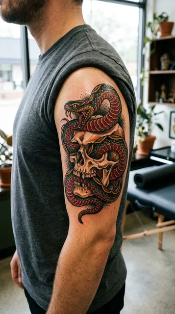 Color Japanese skull tattoo on a man's bicep