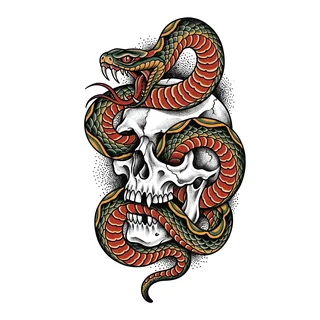 Color Japanese skull tattoo design, drawn flat for a bicep tattoo