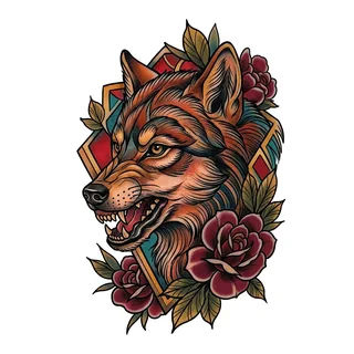 Color neo traditional tattoo design, drawn flat for a bicep tattoo