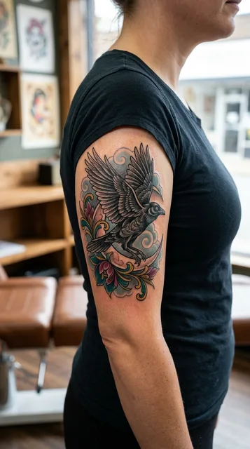 Color neo traditional raven tattoo on a woman's bicep