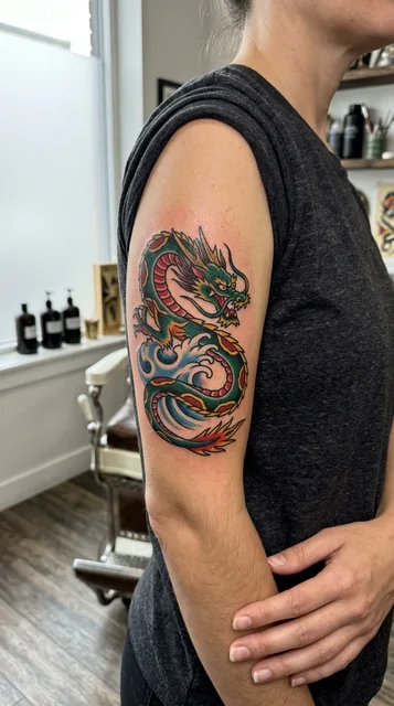 Color traditional dragon tattoo on a woman's bicep