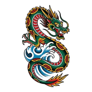 Color traditional dragon tattoo design, drawn flat for a bicep tattoo