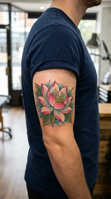 Color traditional lotus tattoo on a man's bicep
