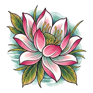 Color traditional lotus tattoo design, drawn flat for a bicep tattoo