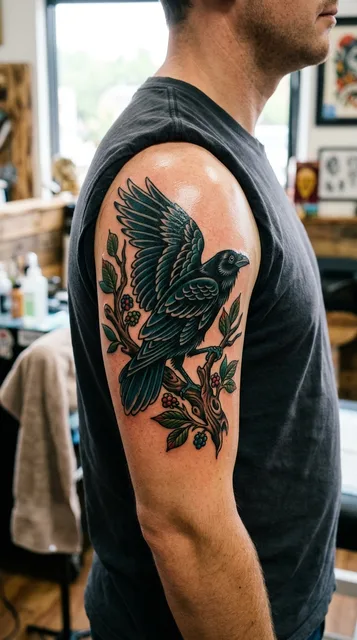 Color traditional raven tattoo on a man's bicep