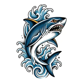 Color traditional shark tattoo design, drawn flat for a bicep tattoo
