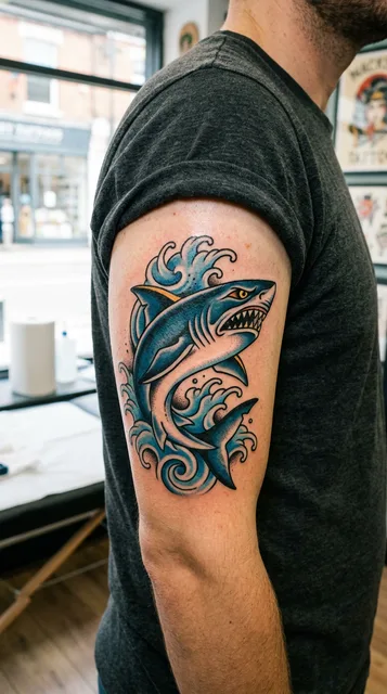 Color traditional shark tattoo on a man's bicep