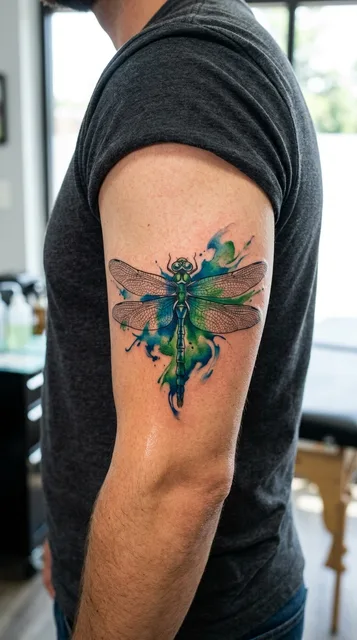 Color watercolor dragonfly tattoo on a man's bicep